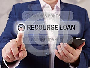 RECOURSE LOAN phrase on the screen. Manager use cell technologies at office. AÂ recourse loanÂ is a form of securedÂ financing